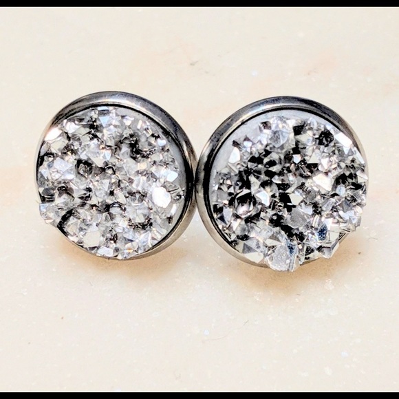 Stainless Steel Silver Druzy Earrings - Picture 2 of 2